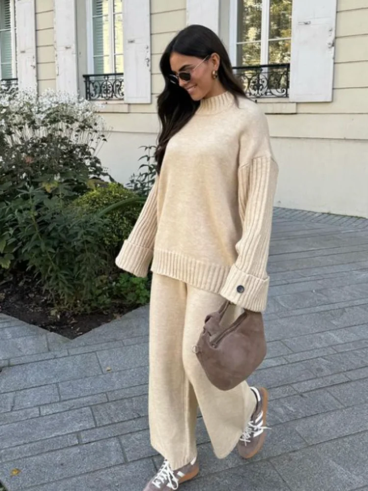 Casual Long Sleeved Loose Knit Women\'s Sweater Set O-neck Top Solid Color Long Wide Leg Pants Suits Autumn Warm Daily Streetwear