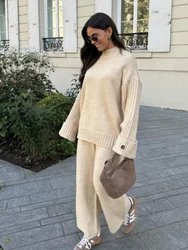 Casual Long Sleeved Loose Knit Women's Sweater Set O-neck Top Solid Color Long Wide Leg Pants Suits Autumn Warm Daily Streetwear