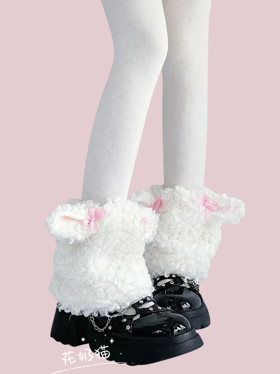 Warm Jirai Kei Cute Ear Bow White Plush Leg Cover Women's Autumn and Winter Original Lolita Girls Thickened Furry Socks Cover