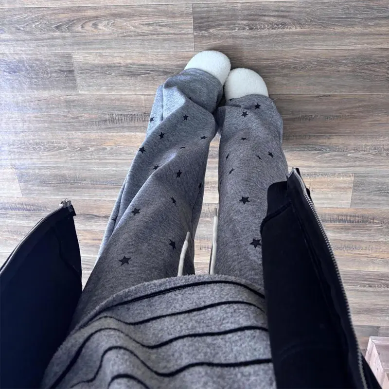 Stylish Star Print Grey Wide Leg Casual Pants Autumn Winter Drawstring Female Clothing High Waist Straight Loose Daily Trousers