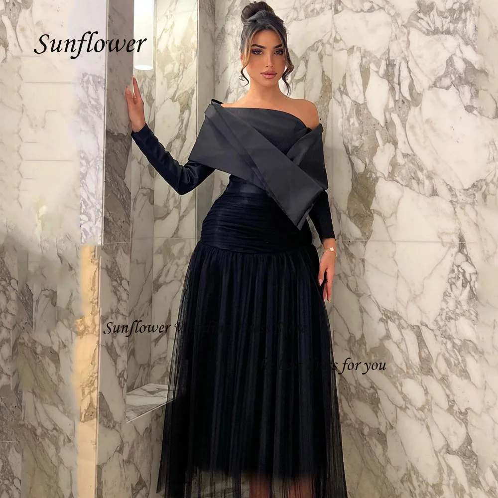 

SunflowerBoat Neck Evening Dress 2023 Slim Satin Long Sleeve Prom dress Tulle A-LINE Floor-Length Pary Dress