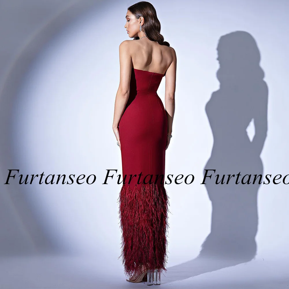 Burgundy Prom Dress Sleeveless Strapless Heavy Feathers Ankle Length Sheath Saudi Arab Special Occasion Dresses Evening Gown