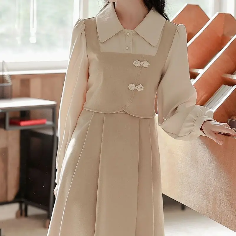 Large Size Premium Retro Style Chinese Two-piece Spliced Long Sleeved Dress New Slimming French Dress for Women