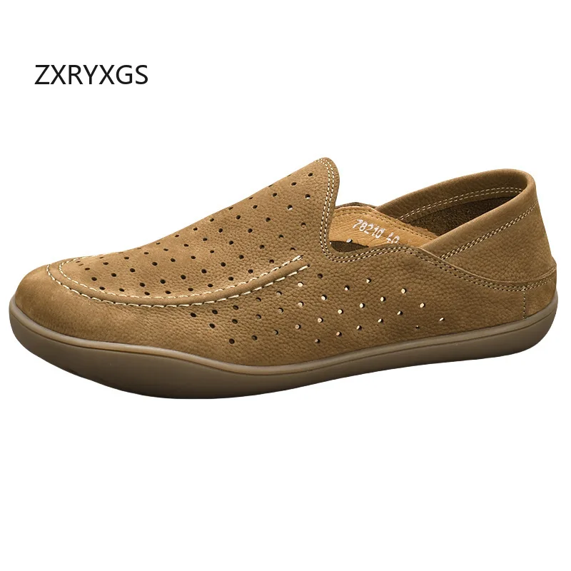 ZXRYXGS Top Soft Cowhide Men Shoes Flat Soft Sole Breathable Comfort Casual Shoes 2025 Autumn Summer Men's Big Size Travel Shoes