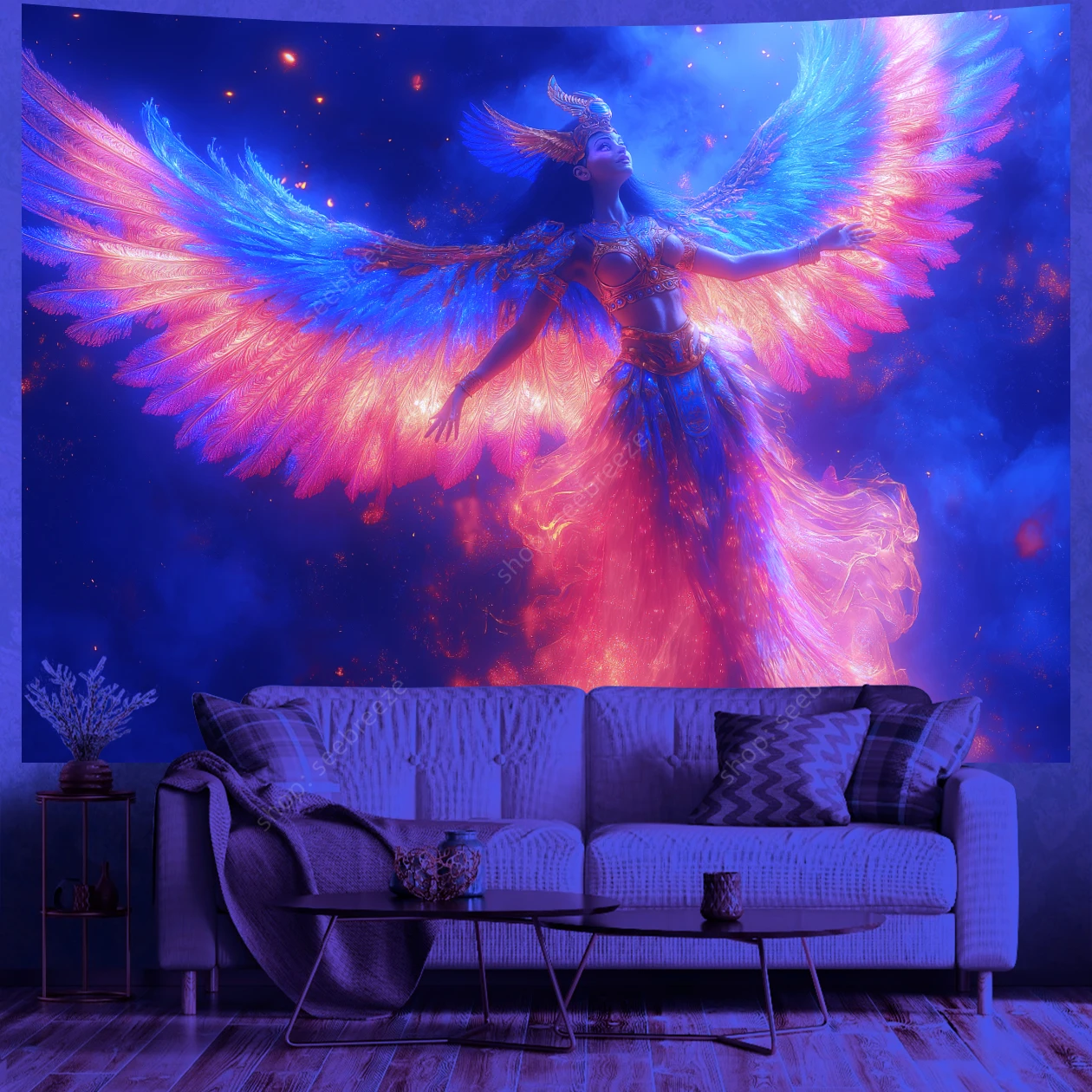 Tantra Egyptian Goddess UV Reactive Tapestry Wall Hanging Kawaii Room Decor Aesthetic Large Mandala Witchcraft Boho Tapestries