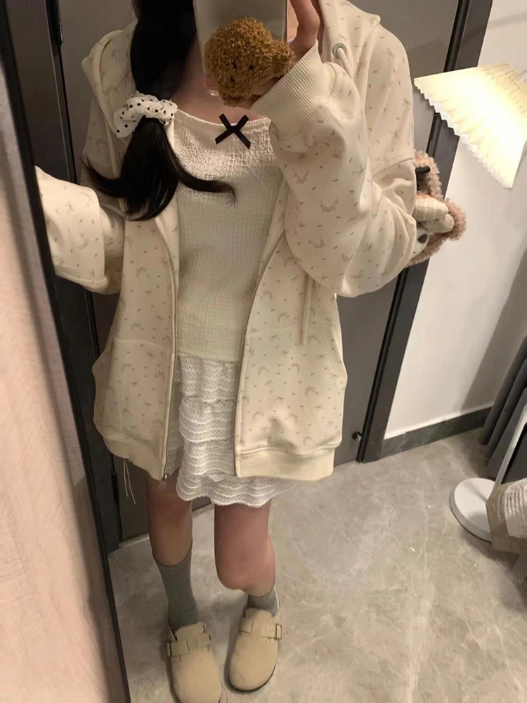 

Толстовки с капюшоном и графическим рисунком, женская одежда 2000-х годов, цвет Y2K, чистый белый цвет, китайский цветочный сладкий дорожный осенне-зимний чехол с подкладкой, термочистая