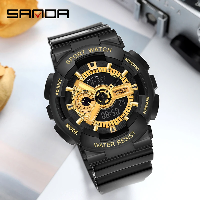 

SANDA Fashion Men Dual Display Watch HD LED 30M Waterproof Clock Automatic Calendar Luminous Multifunctional Mens Watches 299