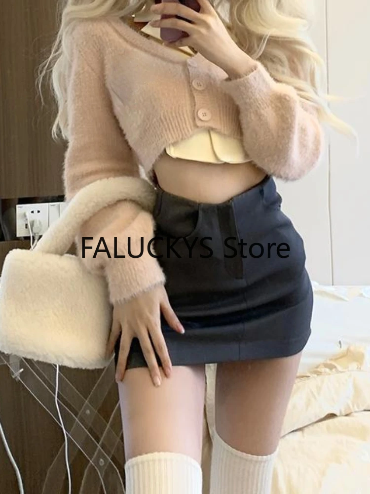 2023 Sweet Skirt 3 Piece Set Office Lady Casaul Cardigan + Slim Y2k Tank Top + Women Party Slim Mini Skirt Korean Fashion Chic