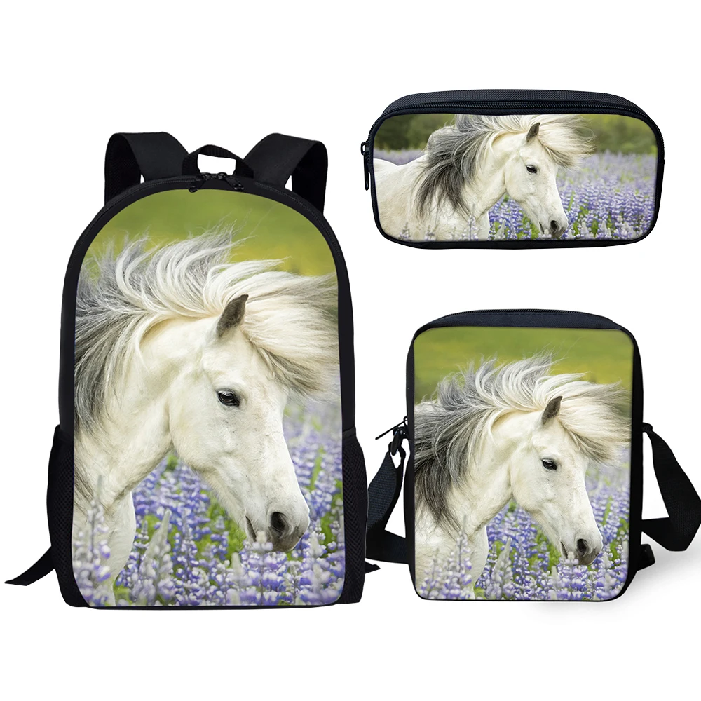 Classic Popular Novelty Horse 3D Print 3pcs/Set pupil School Bags Laptop Daypack Backpack Inclined shoulder bag Pencil Case