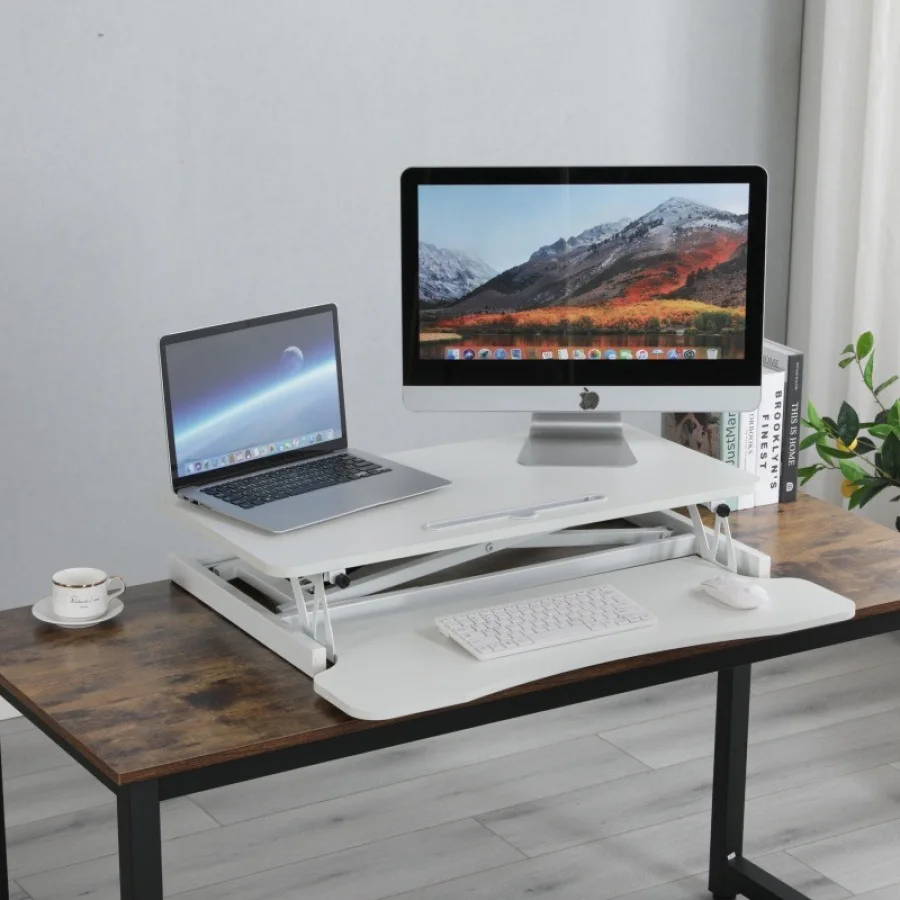 32 Inch Desk Converter Height Adjustable Sit to Stand Riser Dual Monitor and Laptop Workstation with Wide Keyboard Tray Standin
