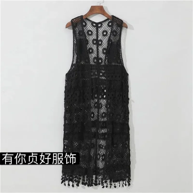 Knit Tassel Vest Summer Women\'s Thin Mid-length Sleeveless Coat Floral Hollow Out Waistcoat Cardigan Fashion Wild Female