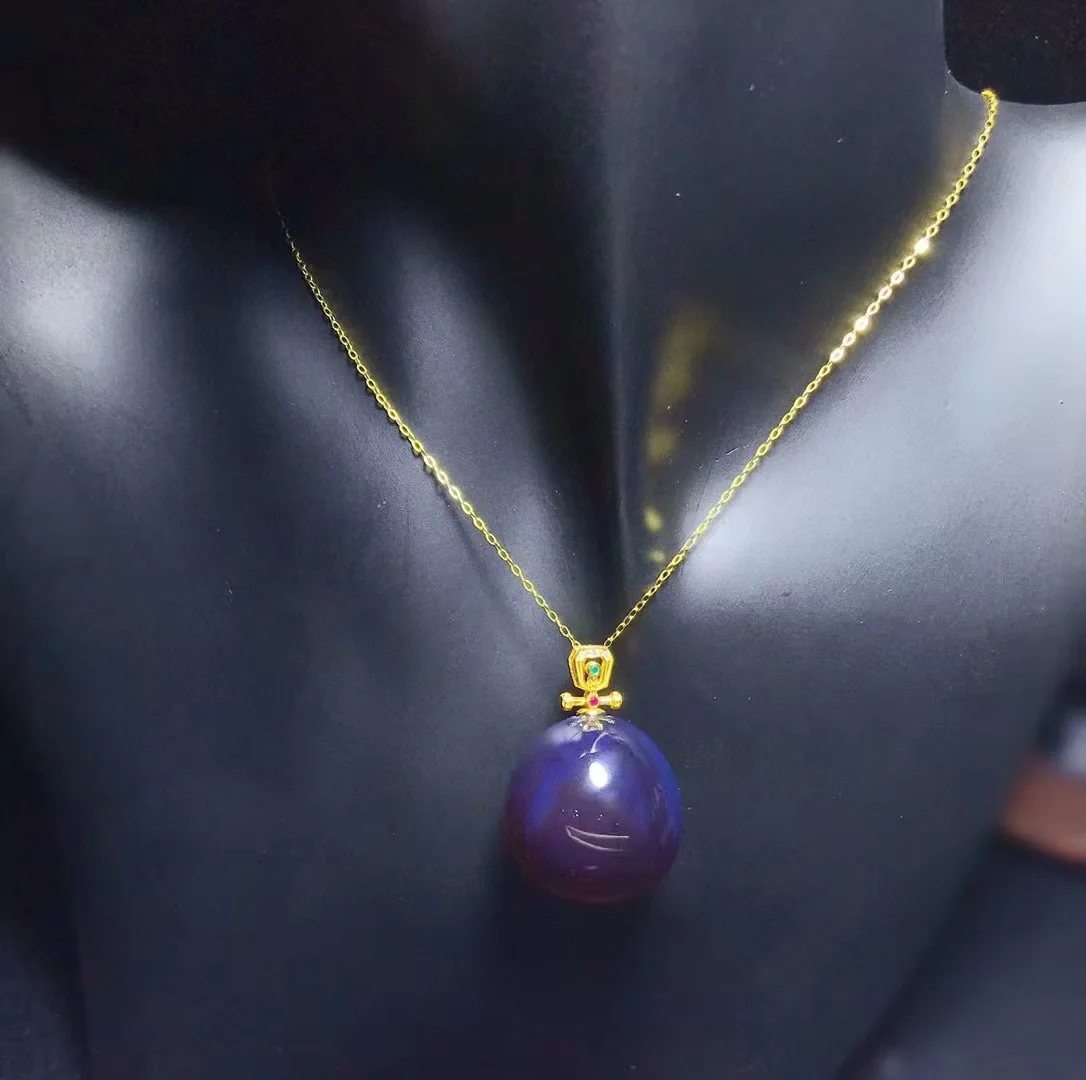 Natural Violet Amber Pendant with Solid Silver Setting 22.8mm Round Bead Purple Amber Necklace for Women Jewelry Gift