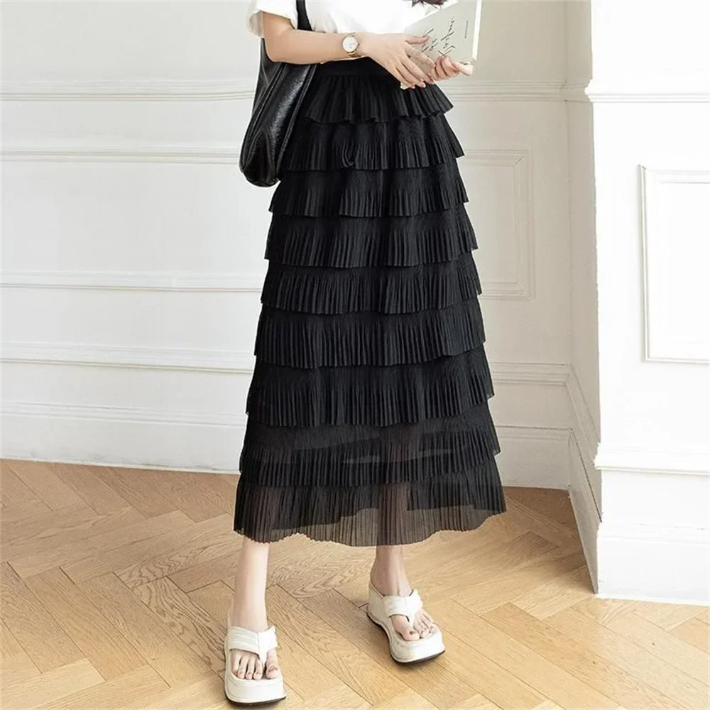 Women's Slimming Midi-length Skirt Elastic High Waist Chiffon Patchwork Layered Cake Skirt A-line Mini Skirt Oversized Skirts