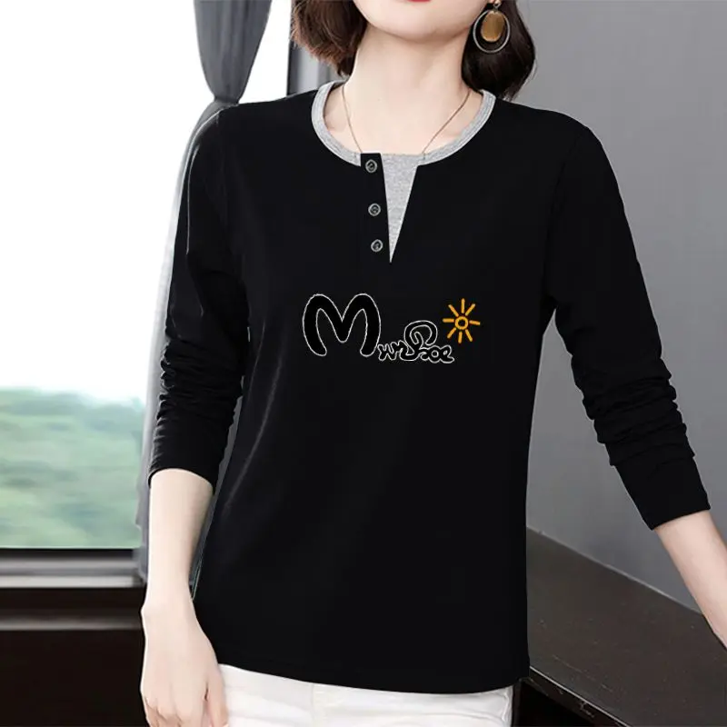 Contrast Color Long Sleeve Pullover Letter Geometric Printing Round Neck Button Women\'s Clothing Spring Autumn T-shirt Tops