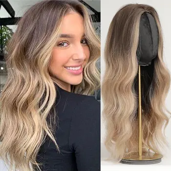 Lange braune Ombre-Synthetik-Perücke, gewellt, goldblondes Haar für Frauen, Party, Cosplay, täglicher Gebrauch, Hochtemperaturfaser, Kunsthaar