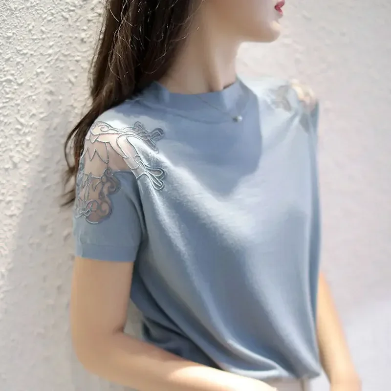 Fashion Embroidery Spliced Lace Gauze Blouse Women Clothing 2024 Spring New Casual Pullovers Tops Loose Commute Shirt N270