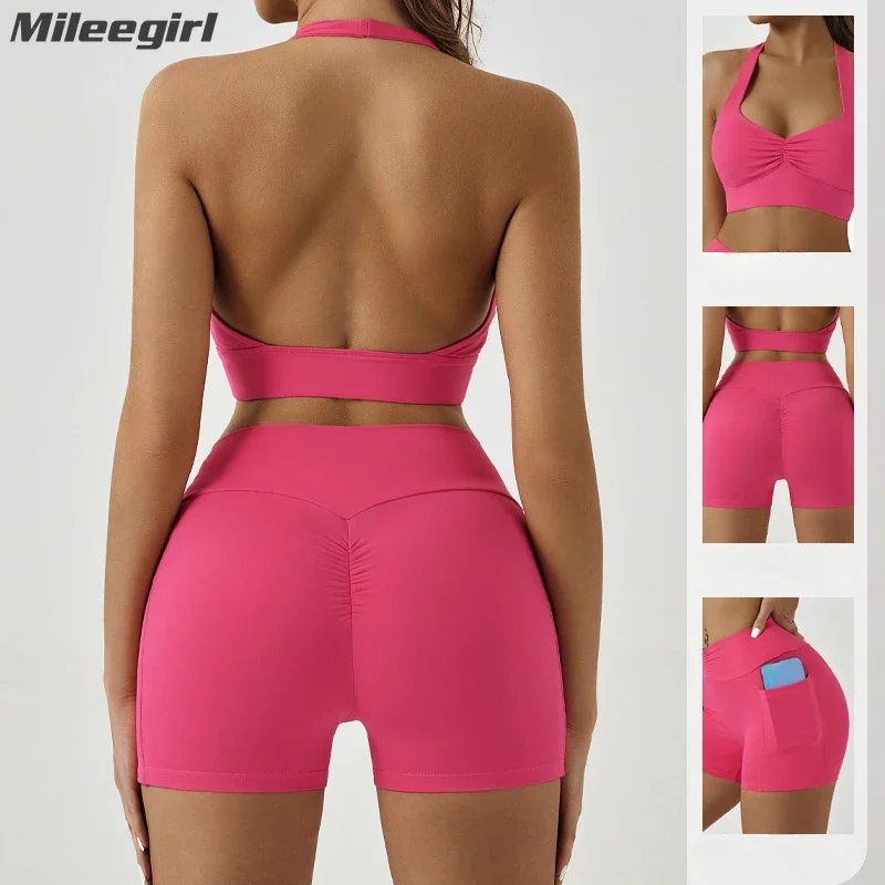 

Mileegirl Front Pleated Halter Sports Bras, 2pcs Yoga Shorts Set, Side Pocket Gym Fitness Tight, Open Back Workout Crop Tops