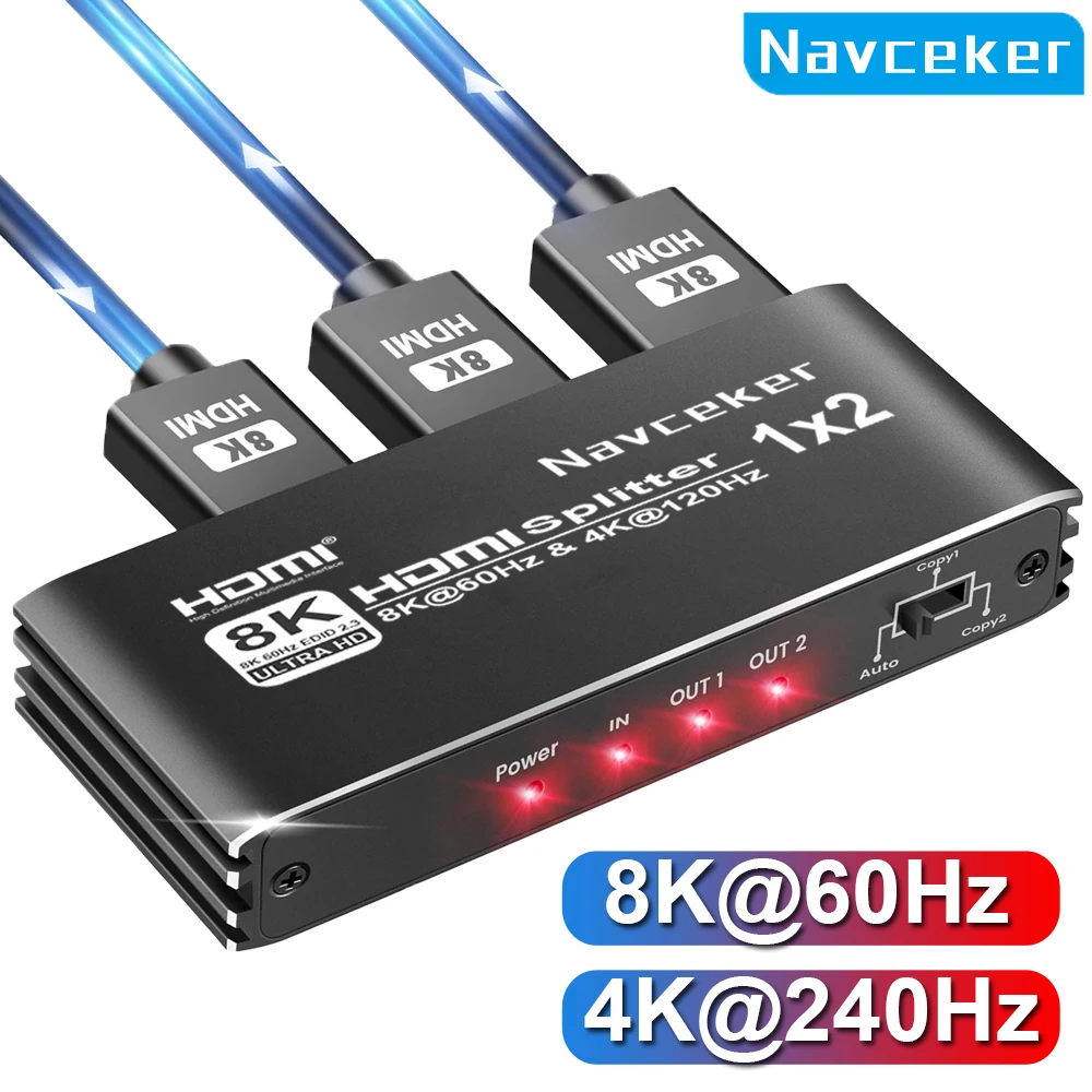 Navceker 1 in 2 Out 4K 240Hz HDMI Splitter 8K Audio Splitter HDMI 2.1 Cable Adapter 1x2 For PS5 Laptop Monitor TV Box Projector