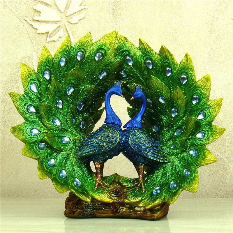 

Plumage Spreading Peafowl Couple Statue Handmade Resin Lovers Peacock Sculpture Mascot Decor Living Room Ornament Craft Gift