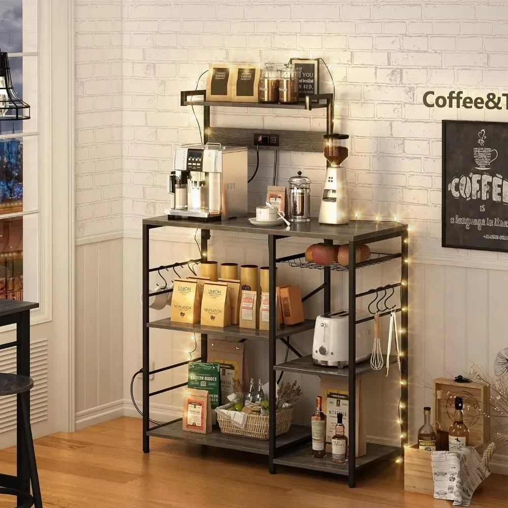 -Bakers Rack With Power Outlet, Microwave Stand, Coffee Bar With Wire Basket, Kitchen Shelves For Spices - Charcoal Gray