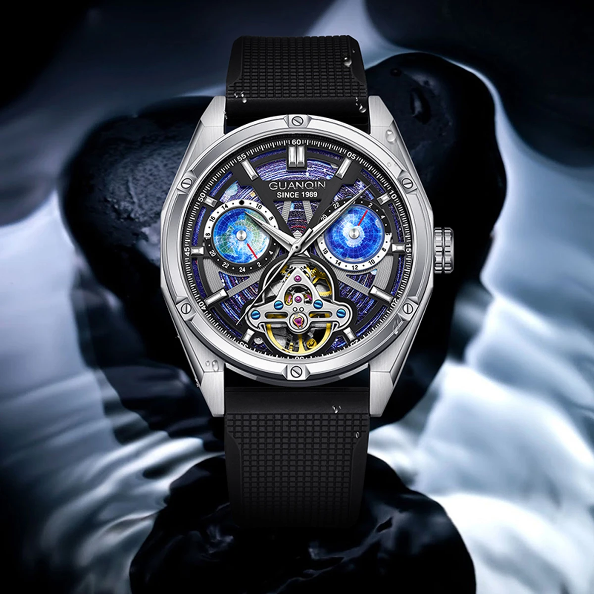 

GUANQIN Tourbillon Mens Mechanical Watches Top Luxury Automatic Watch For Men Sapphire Waterproof Silicone Mens Wristwatch Clock