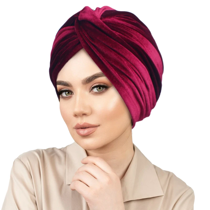 New Muslim Women Velvet Turban Hat Soft Stretch Cross Twist Cap Bandana Headband Chemo Beanie Cap Scarf Islamic Head Wrap