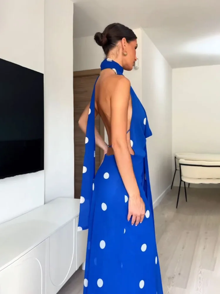 HH dames zomermode sexy jurken blauwe stippen swingende kraag mouwloze rugloze rits vrouwelijke strandstijl lange jurk