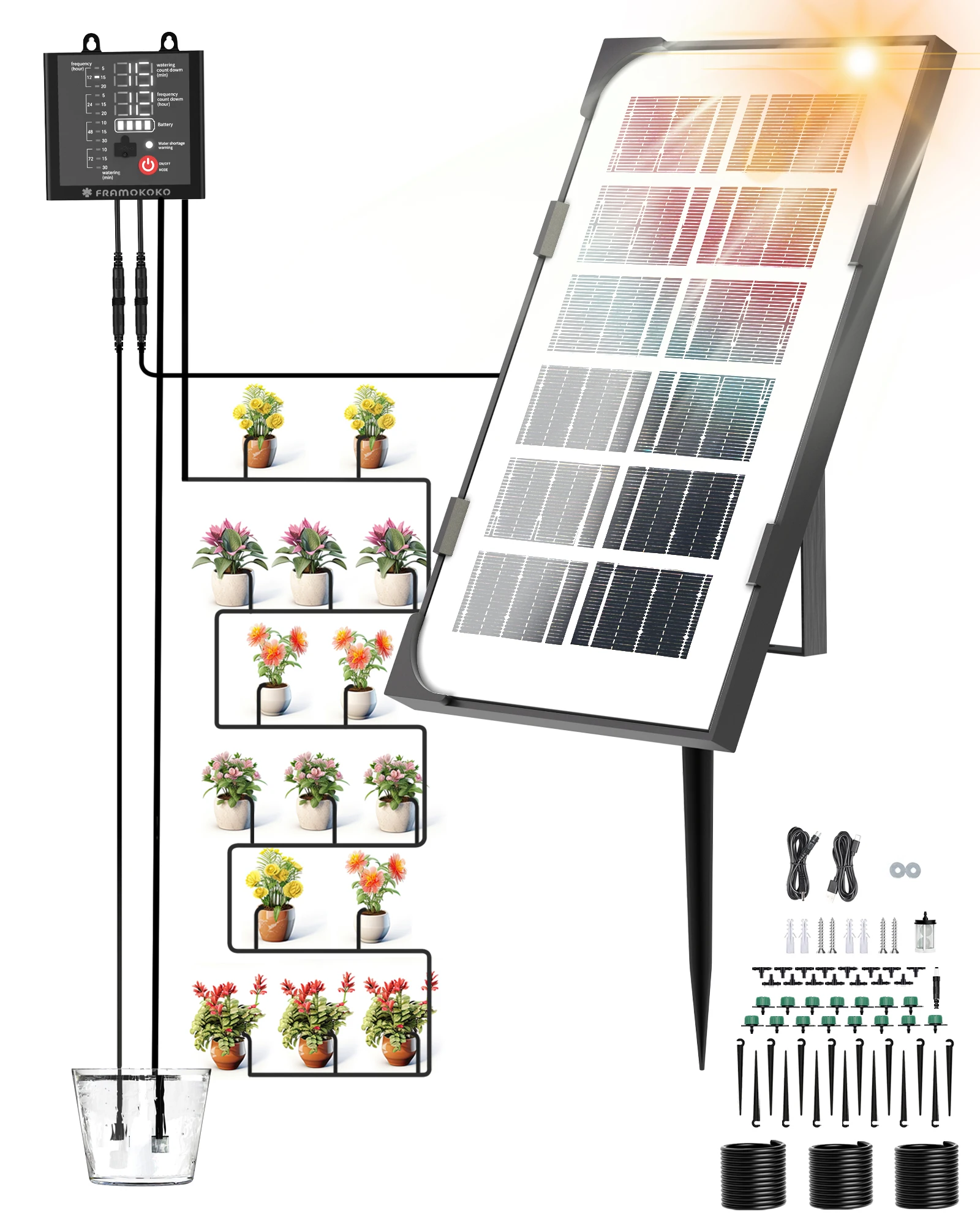 

Framokoko Solar Drip Irrigation System, Solar Powered Automatic Watering System for 15 Pot Plants Garden Balcony Indoor Outdoor