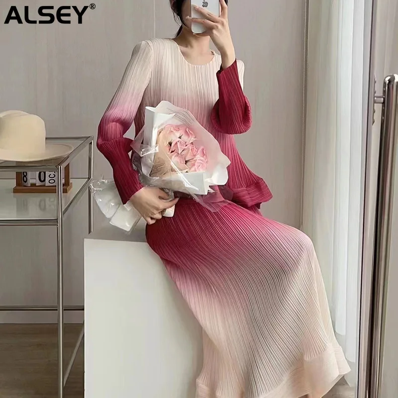 ALSEY Miyake Pleated Casual Suit for Women Summer New High-End Fashion Casual Loose Gradient Color Top+ Skirt Two Piece Set