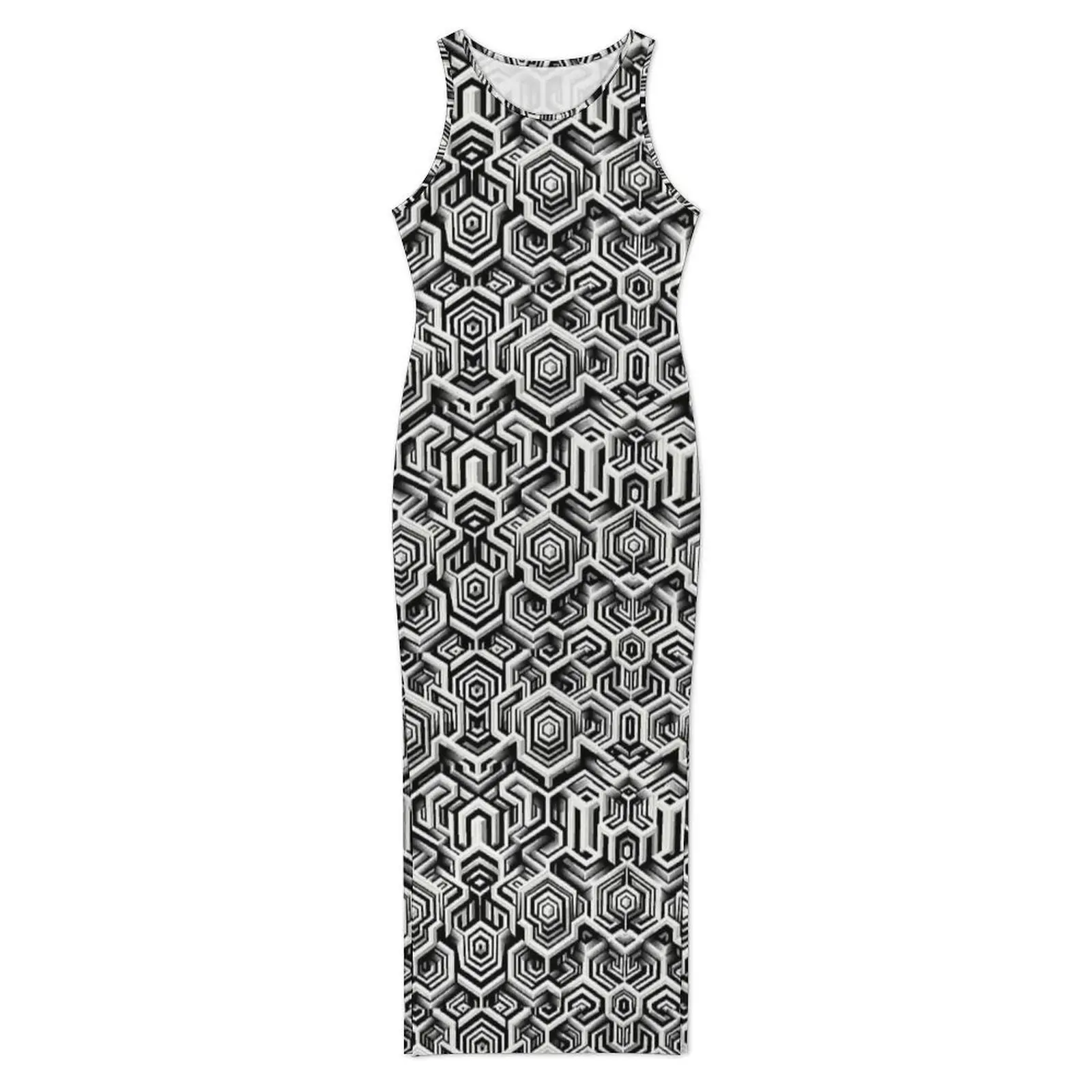 Black White Optical Geometry Bodycon Dress Summer  Vintage Maxi Dresses Woman Sleeveless Custom Street Fashion Dress Large Size