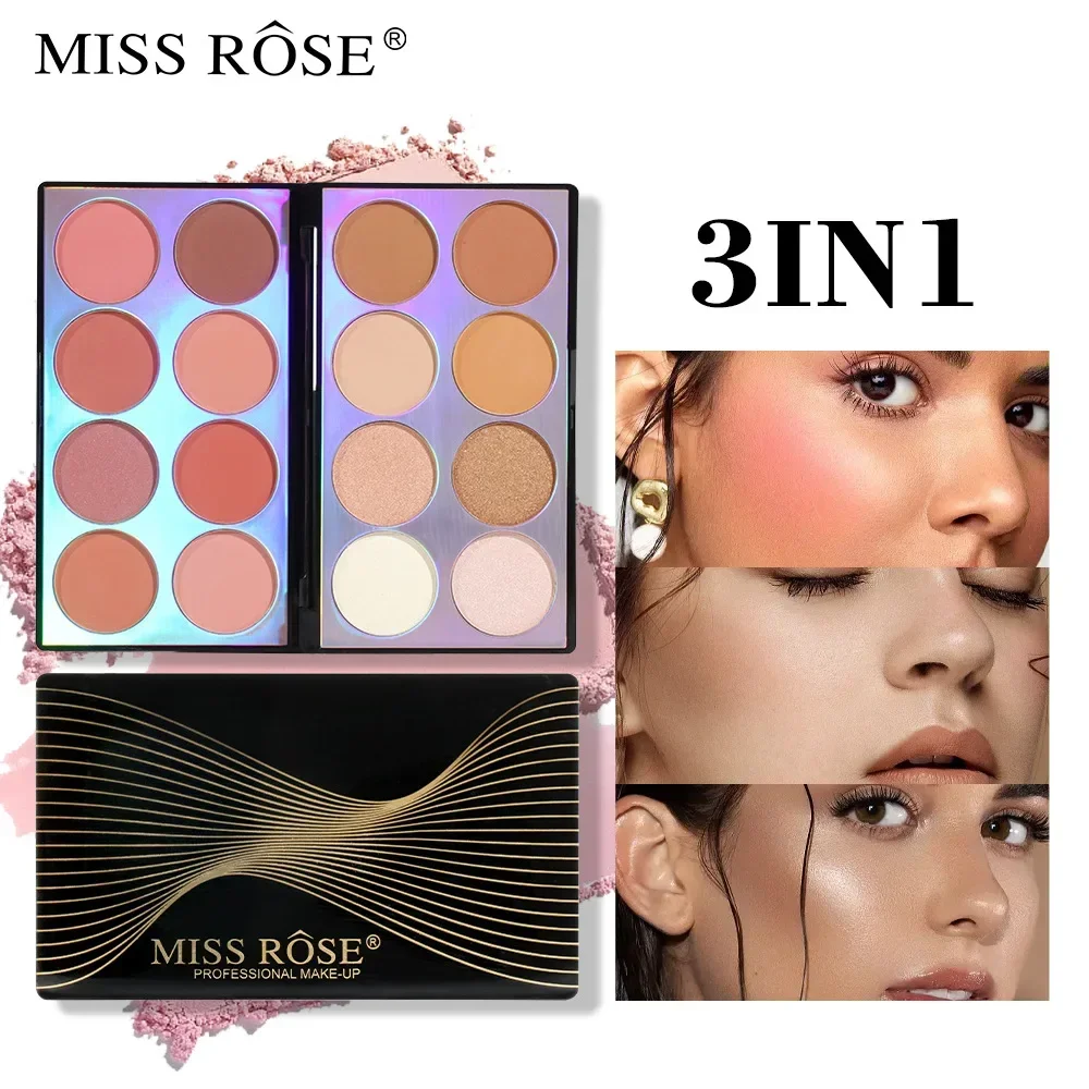 MISS ROSE-Palette d'ombres à barrage 3 en 1, 16 documents, fard à joues multifonction, surbrillance, contour, maquillage, longue tenue, visage, haute qualité