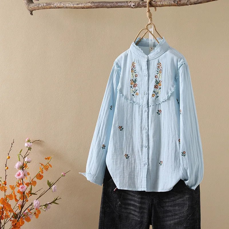 New 2026 Spring Women Cotton Yarn Long Sleeve Shirt, Stand Ruffles Embroidery, Mori Girl Versatile Soft Loose Blouse T62958CC