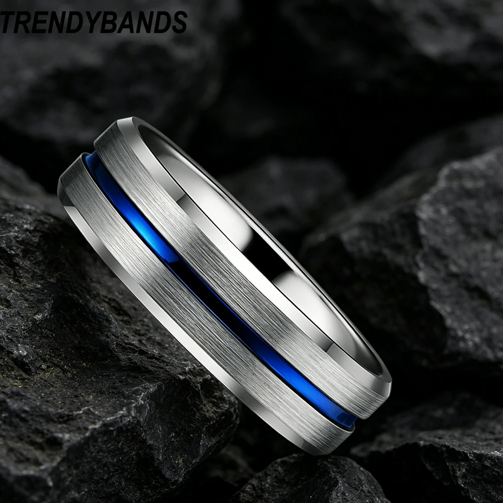 

Blue 4mm Tungsten Wedding Band for Men Women Fashion Rings Bevele Egdes Brushed Finished Comfort Fit