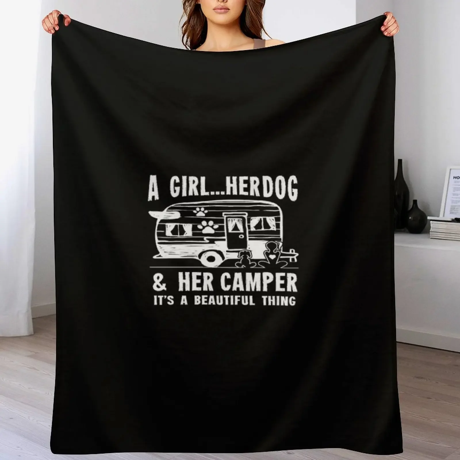 

Camping T Shirt Camping Girl A Girl Her Dog And Her Camper Camper Campfire Gifts Tee Throw Blanket Soft Big Blankets