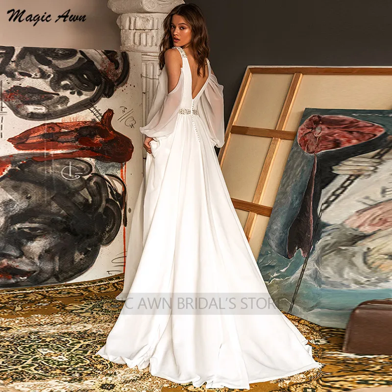 Magia awn chiffon boho vestidos de casamento mangas compridas lantejoulas frisado simples a linha vestidos de noiva para as mulheres side slit novia