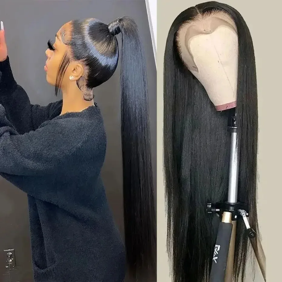 Peluca de cabello humano liso con encaje Frontal para mujeres negras, transparente, HD, densidad de 200, prearrancado, 30 pulgadas, 13x4