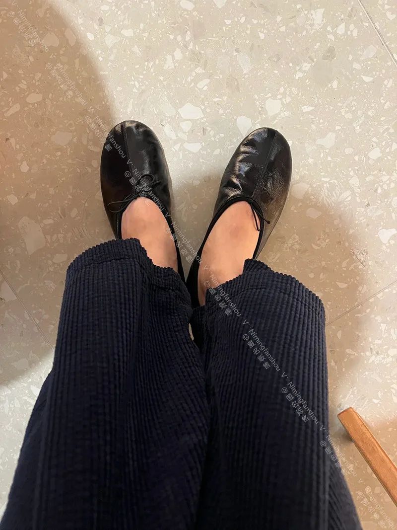 Retro-Schmetterlingsknoten-Ballettschuhe aus echtem Leder, flache Absätze, Mary Janes-Schuhe für Damen, runde Zehenpartie, flache Freizeitschuhe für Damen – Detail 7