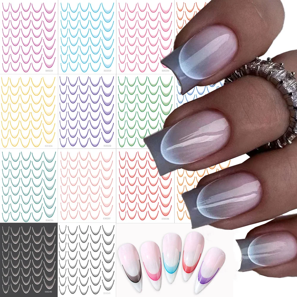 Pegatinas de uñas de línea francesa degradada, calcomanías rosa y azul, puntas francesas 3D, guías de manicura, deslizadores de Gel para decoración de uñas, accesorios %