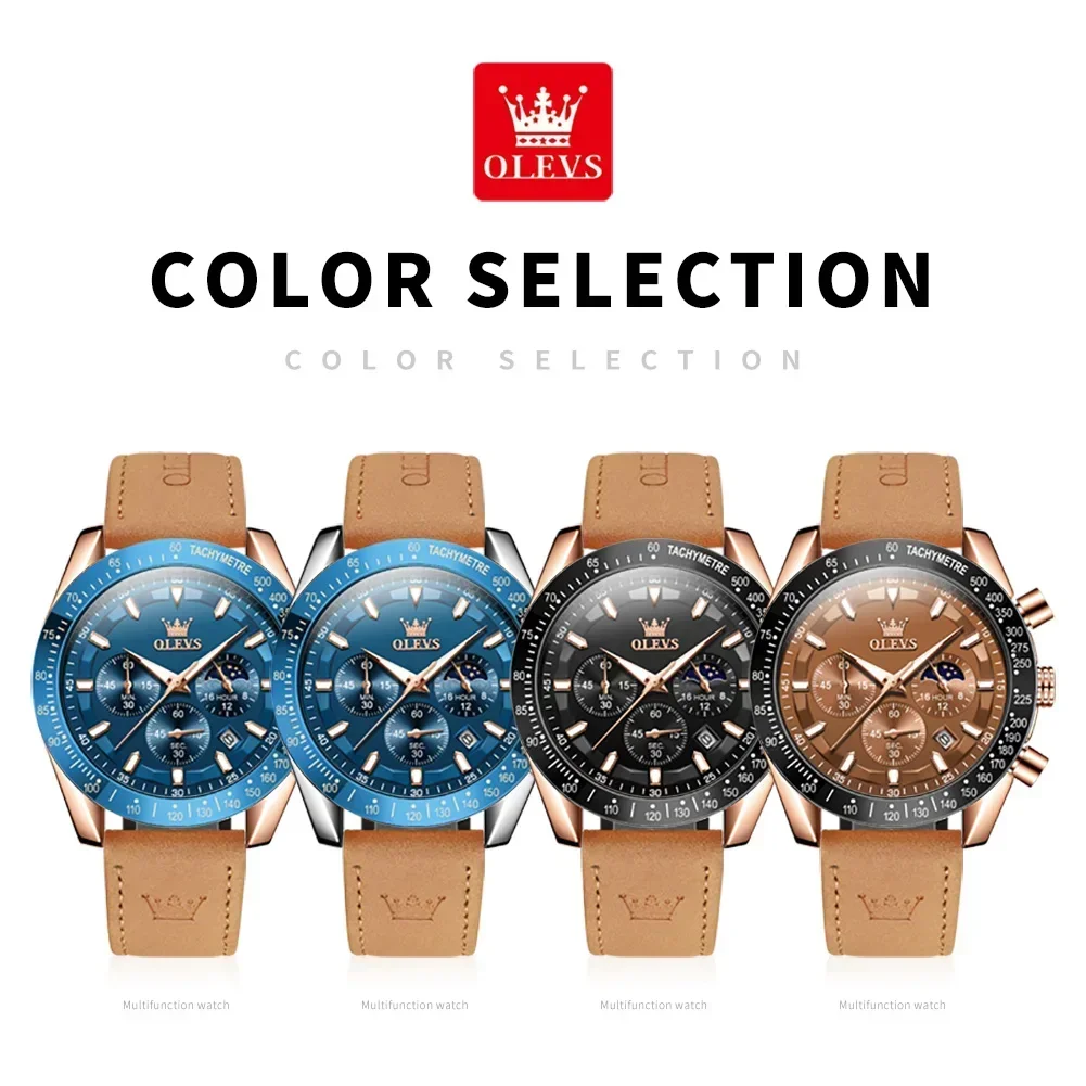 OLEVS 9957 Genuine Leather Strap Sport Watch For Men, Quartz Multi-function Waterproof Men Wristwatch Luminous Chronograph