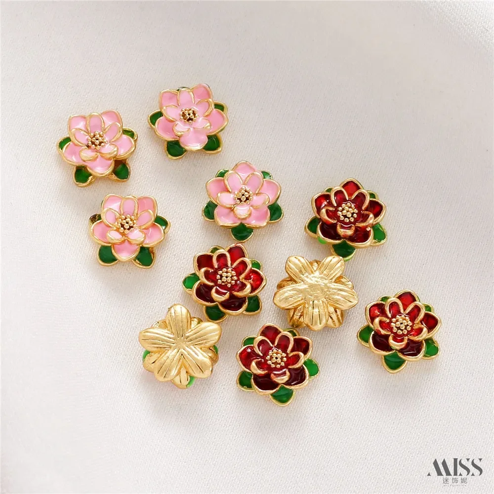 18K Gold Bag Color Matte Gold Oil Drop Burnt Blue Three-dimensional Lotus Through-hole Bead Diy Bracelet Jewelry Accessories view 3
