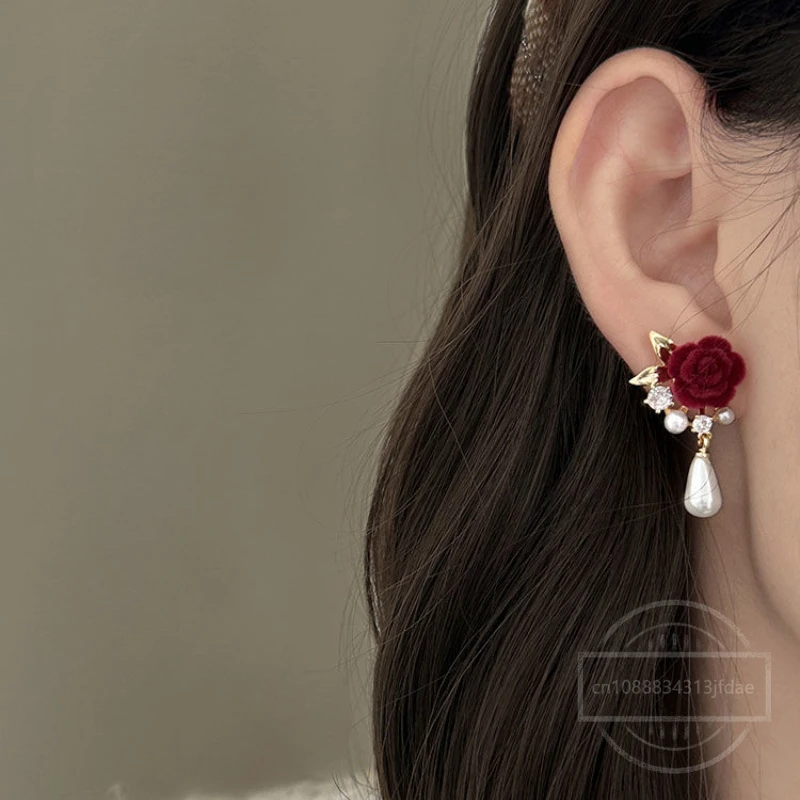 Elegant Red Rose Flower Earrings for Women Pearl Pendant Earring Bridal Wedding Engagement Jewelry New Year Gift