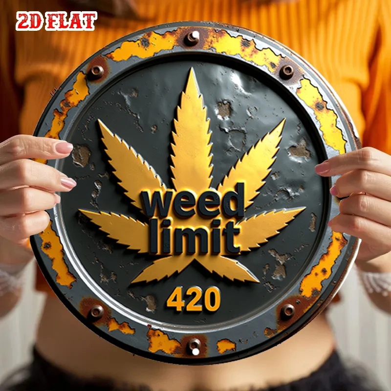 2D Flat, 1pc Weed Limit 420 Leaf Wall Art - Golden & Black Retro Industrial Metal Sign, Durable for Home, Garden, for Cave