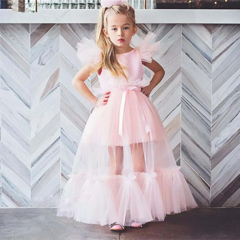 

Light Pink Flower Girl Dresses For Wedding Lace Layered With Bow Backless Pageant For Kids First Holy Communion Ball Gowns