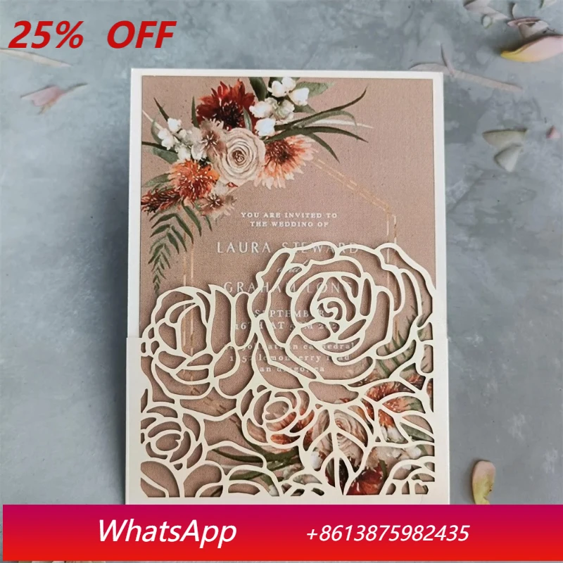 

Rose Laser Cut Invitation Card Pocket Envelop Personalize Printing 50 Sets For Wedding Birthday Anniversary Holiday Party