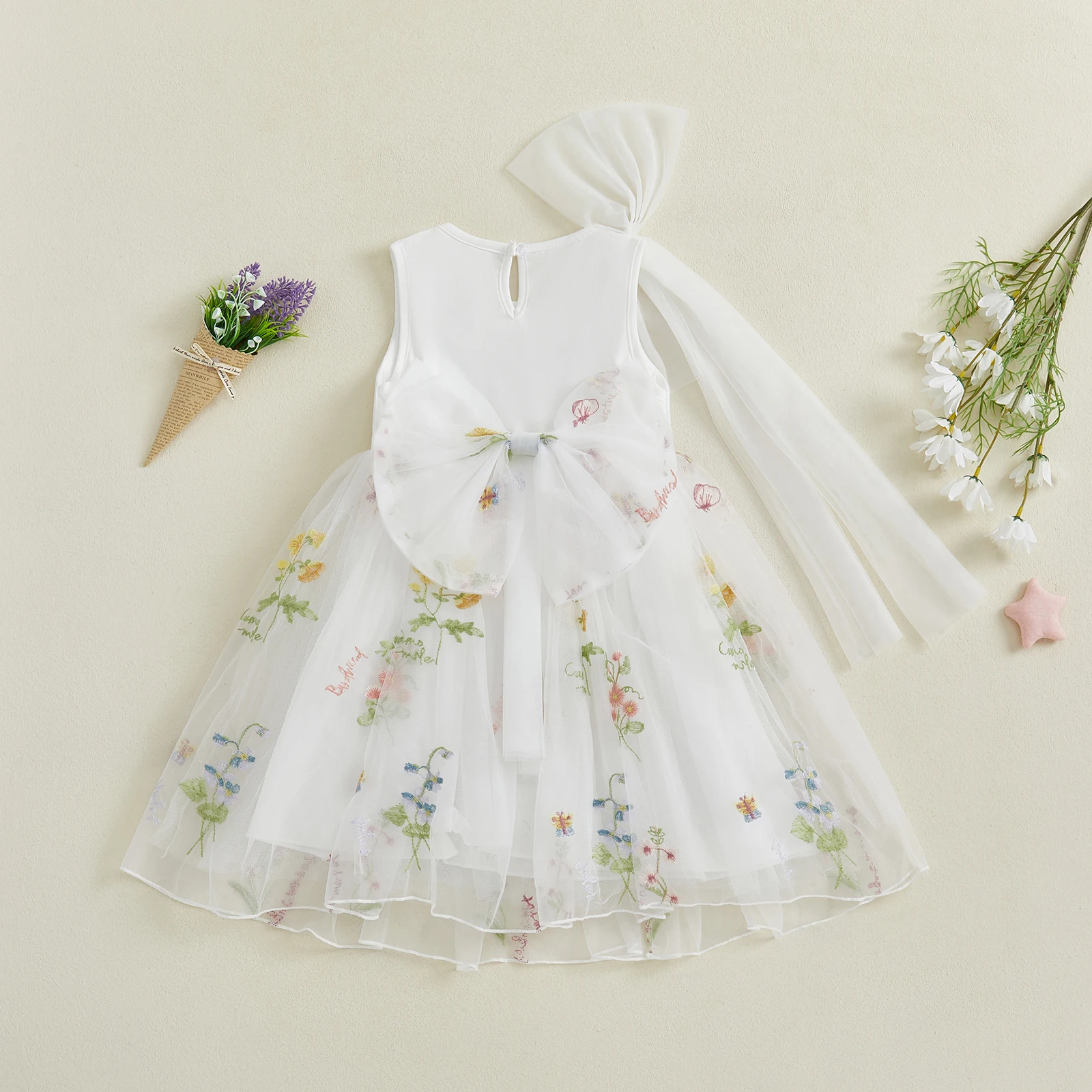 

Girls A-line Dress Sleeveless Crew Neck Flower Tulle Dress Summer Birthday Clothes