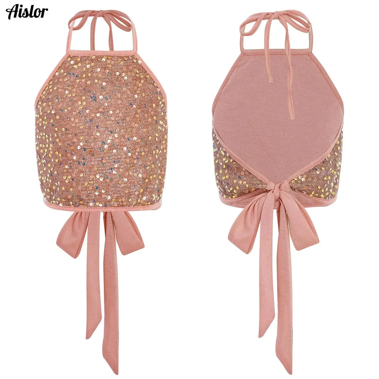 

Kids Girls Camisole Top Shiny Sequins Sleeveless Crop Top Vest for Birthday Party Jazz Latin Dance Stage Performance Dancewear