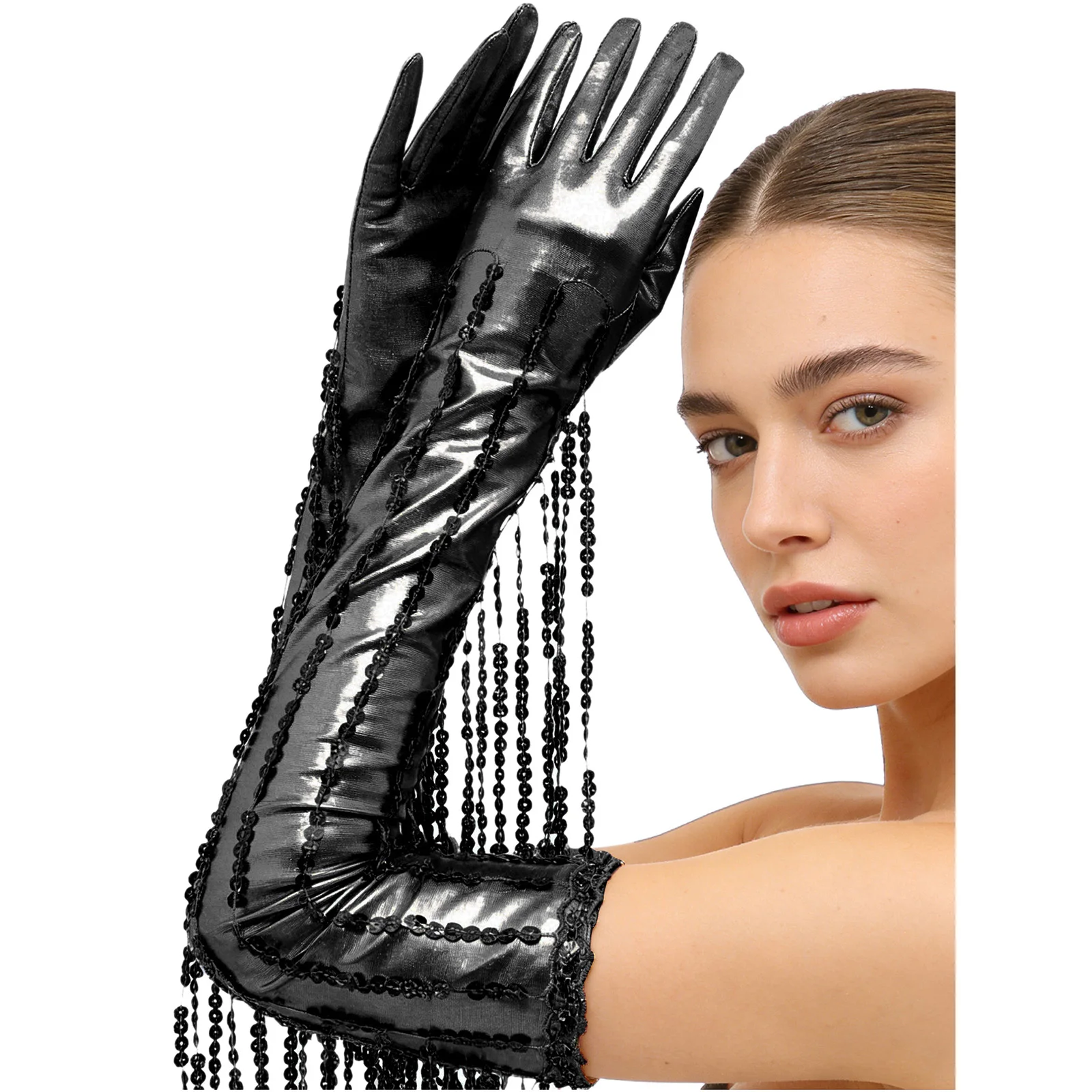 

Elbow Length Glove Women Sequin Tassel Long Finger Gloves Retro Style Disco Jazz Dance Personality Stage Performance Party Glove