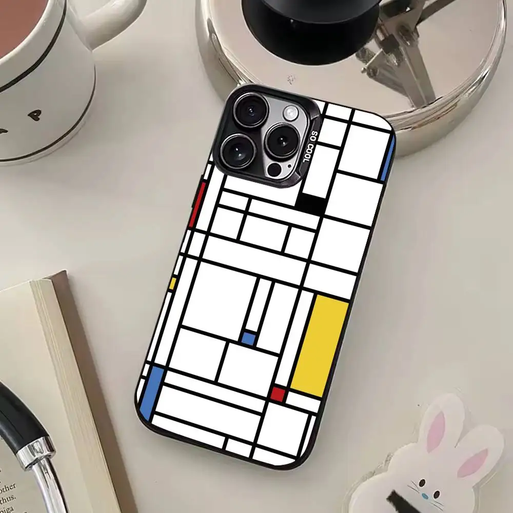 Custodia per telefono con motivo artistico astratto P-Piet M-Mondrian per iPhone 17,16,15,14,13,12,11 Plus,Pro Max, custodia per telefono color argento