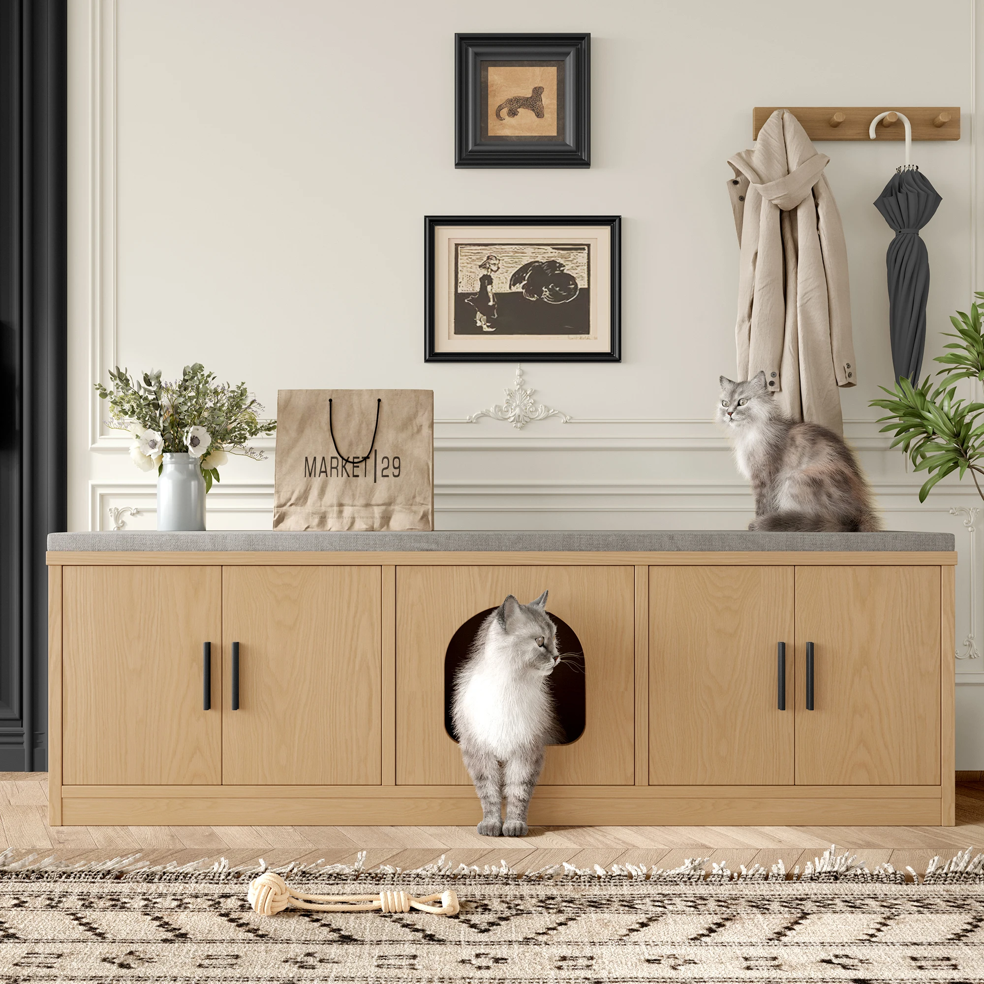 140x40x45.5cm Hidden Cat Cabinet with Integrated Scratching Post, Ventilation, Multi-Functional Pet Furniture, Litter Box Storag