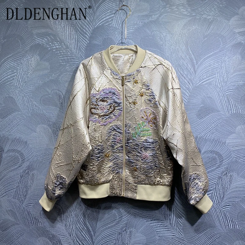 

DLDENGHAN Autumn Beading Jacquard Coat Women's O-Neck Long Sleeves Pockets Casual Jacket Fashion Designer